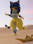  3:4 3d_(artwork) animal_crossing ankha_(animal_crossing) anthro areola big_breasts big_butt blender_(software) blue_hair breasts butt clothing curvy_figure dancing desert digital_media_(artwork) domestic_cat egyptian felid feline felis female fur hair hi_res jewelry looking_at_viewer magic_lamp mammal navel nintendo nipples outside pelvic_curtain short_stack slightly_chubby solo tahlian thick_thighs veil video_games voluptuous wide_hips yellow_body 