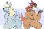  anthro balls big_butt blonde_hair brown_hair butt canid canine canis clawzetto domestic_dog duo eyewear fur genitals goggles grey_body grey_fur hair male male/male mammal nude orange_body orange_fur red_savarin smile solatorobo spitz teeth video_games wolf 