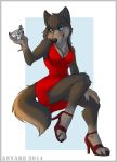  2014 alcohol anthro anyare beverage blue_eyes breasts canid canine canis cleavage clothed clothing cocktail dress female footwear full-length_portrait high_heels looking_at_viewer mammal portrait red_clothing red_dress shoes smile solo wolf 