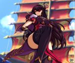  1girl beidou_(genshin_impact) black_legwear blue_sky breasts capelet cleavage cloud dress eyepatch from_below genshin_impact grin hair_ornament hairpin jadenkaiba large_breasts long_hair pelvic_curtain pirate pirate_ship purple_hair red_capelet red_dress red_eyes sky smile thighhighs thighs 