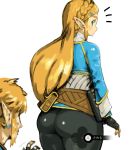  1boy 1girl ass black_legwear black_pants blonde_hair blue_eyes earrings elf gameplay_mechanics gloves imminent_grope jewelry leggings link long_hair nintendo pants pointy_ears princess_zelda puchidori simple_background sketch skin_tight standing the_legend_of_zelda the_legend_of_zelda:_breath_of_the_wild thick_thighs thighs tight tight_pants white_background 