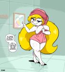  &lt;3 animaniacs anthro big_breasts breasts curvy_figure dialogue english_text female hi_res joaoppereiraus looking_at_viewer mammal minerva_mink mink mirror mustelid musteline shower solo steam text thick_thighs towel voluptuous warner_brothers wet wide_hips 