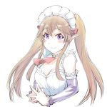  1girl blush breasts brown_hair cleavage closed_mouth detached_sleeves long_hair looking_at_viewer maid_headdress myucel_foalan outbreak_company pointy_ears purple_eyes simple_background smile solo twintails ueyama_michirou white_background 