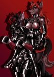  2020 absurd_res anthro biped black_collar breasts canid canine canis collar cosia duo female hi_res hoof_gloves male mammal nipples petplay ponyplay red_background roleplay simple_background spiked_collar spikes standing tarik wolf zipper 