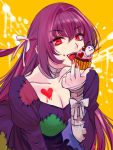 1girl :d asakou_(n_morninglight) bandaged_arm bandages bow breasts cleavage cupcake eating fate/grand_order fate_(series) food hair_bow hair_intakes holding holding_food long_hair looking_at_viewer open_mouth purple_hair purple_shirt red_eyes scathach_(fate)_(all) scathach_(fate/grand_order) shirt simple_background smile solo upper_body white_bow yellow_background 