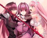  3girls :o :t angry armpits asakou_(n_morninglight) bodysuit brown_eyes crossed_arms dress fate/grand_order fate_(series) frills gae_bolg gloves hair_intakes highres long_hair looking_at_another medb_(fate)_(all) medb_(fate/grand_order) midriff multiple_girls open_mouth pink_background pink_hair pout profile purple_bodysuit purple_dress purple_hair red_eyes scathach_(fate)_(all) scathach_(fate/grand_order) scathach_skadi_(fate/grand_order) skirt tiara white_gloves white_skirt 