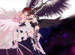  2girls akemi_homura akuma_homura argyle argyle_legwear bare_shoulders between_legs black_dress black_gloves black_hair black_theme black_wings blurry blurry_background breasts choker collarbone covered_navel detached_collar dress elbow_gloves evil_smile eye_contact face-to-face feathered_wings floating floating_hair frilled_sleeves frills full_body gloves grey_legwear hair_ribbon hakusai_(tiahszld) half-closed_eyes hand_on_another&#039;s_waist highres holding_hands interlocked_fingers kaname_madoka layered_dress long_dress long_hair looking_at_another mahou_shoujo_madoka_magica mahou_shoujo_madoka_magica_movie multiple_girls parted_lips pink_hair pink_legwear purple_eyes purple_theme red_ribbon ribbon side-by-side simple_background small_breasts smile strapless strapless_dress thighhighs transparent_wings two_side_up ultimate_madoka very_long_hair white_background white_choker white_dress white_footwear white_gloves white_neckwear white_ribbon wide_sleeves winged_footwear wings yellow_eyes yuri zettai_ryouiki 