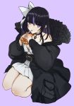  1girl belt black_coat black_hair breasts bright_pupils choker cleavage coat dress drinking drinking_straw fur_collar hair_ribbon highres indie_virtual_youtuber kkun88 long_sleeves looking_at_viewer multicolored_hair off_shoulder pocket purple_background purple_eyes purple_hair ribbon ririsya simple_background sitting smile solo two-tone_hair virtual_youtuber white_dress white_pupils white_ribbon 