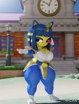  3:4 3d_(artwork) animal_crossing ankha_(animal_crossing) anthro battle_armor big_breasts big_butt blender_(software) blue_hair breasts butt cleavage clothed clothing curvy_figure digital_media_(artwork) domestic_cat dragon_ball dragon_ball_z egyptian felid feline felis female gesture gloves hair handwear hi_res mammal nintendo offscreen_character pointing scouter short_stack shoulder_pads solo tahlian tail_around_waist thick_thighs video_games voluptuous wide_hips yellow_body 