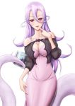  1girl absurdres albino bodysuit breasts bridal_gauntlets cleavage covered_collarbone cup dress finger_to_mouth hair_between_eyes highres holding lamia long_hair looking_at_viewer monster_girl monster_musume_no_oisha-san open_mouth pink_eyes purple_hair saphentite_neikes scales see-through shibakarisena smile solo tail 