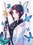 1girl absurdres bangs black_hair black_shirt blue_butterfly blurry_foreground breasts bug butterfly butterfly_hair_ornament collared_shirt eyebrows_visible_through_hair facing_to_the_side hair_intakes hair_ornament haori highres holding holding_weapon insect japanese_clothes katana kimetsu_no_yaiba kochou_shinobu long_sleeves looking_at_viewer neon_(hhs9444) parted_bangs purple_eyes shirt short_hair sidelocks simple_background smile solo sword weapon 