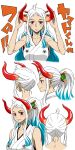  alternate_hairstyle blue_hair blush breasts collarbone commentary_request curled_horns earrings hair_down hair_ornament hair_stick high_ponytail highres horns japanese_clothes jewelry kataginu large_breasts looking_at_viewer multicolored_hair multiple_views nel-zel_formula one_piece oni red_eyes red_horns sidelocks simple_background smile translation_request wavy_hair white_background white_hair yamato_(one_piece) 
