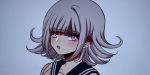  1girl bangs blue_background blue_sailor_collar blunt_bangs blush collarbone commentary criis-chan danganronpa face flipped_hair highres looking_at_viewer looking_to_the_side medium_hair nanami_chiaki open_mouth pink_eyes sailor_collar shaded_face solo super_danganronpa_2 upper_teeth 