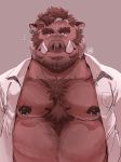  2020 anthro bearwivme belly clothed clothing hi_res male mammal moobs nipples open_clothing open_shirt open_topwear shirt simple_background solo suid suina sus_(pig) topwear wild_boar 