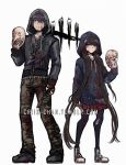  1boy 1girl bangs black_choker black_footwear black_hoodie black_jacket black_legwear blood brown_hair brown_pants choker closed_mouth collarbone commentary criis-chan danganronpa dead_by_daylight english_commentary hair_over_shoulder harukawa_maki holding holding_knife holding_mask hood hood_up hoodie jacket knife legs_apart long_hair long_sleeves looking_at_viewer low_twintails mask momota_kaito new_danganronpa_v3 pants pantyhose plaid plaid_skirt purple_hair red_eyes red_skirt shoes short_hair sketch skirt sleeves_past_wrists sneakers standing torn_clothes torn_legwear twintails twitter_username very_long_hair 