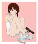  1girl absurdres asymmetrical_hair brown_eyes brown_hair closed_mouth dress gun hair_ornament hairclip handgun highres iwakura_lain looking_at_viewer medium_hair pu-chin serial_experiments_lain shoes sitting sleeveless sneakers solo weapon white_dress x_hair_ornament 