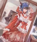  2girls alternate_costume arknights bedroom blue_hair blush bow bowtie breasts cellphone ch&#039;en_(arknights) closed_mouth coat_rack commentary cowboy_shot door dragon_horns dress frilled_dress frills hair_between_eyes hannya_(arknights) highres holding holding_phone holding_shield hooded_dress horns hoshiguma_(arknights) indoors light_smile long_hair long_sleeves medium_breasts medium_hair mirror multiple_girls otammato phone red_dress red_eyes reflection self_shot shield smartphone solo_focus walk-in white_neckwear 