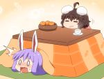  /\/\/\ 2girls :3 ahoge animal_ears bowl brown_hair bunny_ears closed_eyes commentary_request cup food fruit inaba_tewi kotatsu long_hair multiple_girls orange purple_hair reisen_udongein_inaba shirosato sitting table touhou 