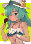  1girl :t aqua_hair bandaged_wrist bare_arms bare_shoulders blush choker closed_mouth collarbone eating flower food granblue_fantasy green_background green_choker green_eyes hair_over_one_eye hat hat_flower hat_ornament heart hibiscus highres holding holding_food kolulu_(granblue_fantasy) layered_bikini long_hair looking_at_viewer meat smile solo sun_hat two-tone_background two-tone_bikini uneg upper_body white_headwear yellow_flower 
