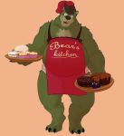  2020 absurd_res anthro apron bearwithabroom belly cake chef_hat clothing dessert food fur green_body green_fur hat headgear headwear hi_res male mammal moobs nipples overweight overweight_anthro overweight_male simple_background solo ursid 