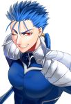  1boy armor asakou_(n_morninglight) blue_bodysuit blue_hair bodysuit cu_chulainn_(fate)_(all) earrings fate/stay_night fate_(series) grin hair_strand highres jewelry lancer long_hair looking_at_viewer low_ponytail male_focus one_eye_closed pauldrons ponytail red_eyes shoulder_armor simple_background smile solo spiked_hair upper_body white_background 
