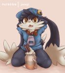  absurd_res ambiguous_gender anthro beverage black_body black_fur clothed clothing coffee collar dairy_products digital_media_(artwork) felid food fur glass_cup hands_behind_head hat headgear headwear hi_res hybrid joooji klonoa klonoa_(series) kneeling looking_at_viewer male mammal open_mouth partially_clothed simple_background smile solo teasing topwear video_games whipped_cream white_body white_fur young zipper 