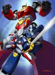  1980s_(style) 1boy android armor baikanfu black_hair bodysuit clenched_hands full_body helmet holding holding_weapon kenryuu_(machine_robo) machine_robo machine_robo_chronos_no_dai_gyakushuu male_focus mecha mecha_focus mechanization nakamura_jun'ichi no_humans retro_artstyle robot rom_stol science_fiction simple_background standing super_robot sword weapon white_bodysuit yellow_eyes 