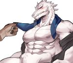  abs anthro arknights biceps blue_scarf blush chung0_0 clothing coat disembodied_hand fangs hi_res male muscular muscular_male nipples pecs rangers_(arknights) red_eyes scales scalie scarf spikes topwear undressing white_body white_scales 