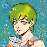  1girl absurdres bangs bubble cup drinking drinking_straw foo_fighters green_eyes green_hair highres jojo_no_kimyou_na_bouken looking_at_viewer portrait short_hair signature smile solo staryoruu stone_ocean 