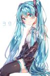  1girl absurdres ayatsuki_sugure between_legs black_legwear black_skirt blue_eyes blue_hair collared_shirt detached_sleeves eyebrows_visible_through_hair eyes_visible_through_hair hair_between_eyes hair_intakes hair_ornament hand_between_legs hatsune_miku headphones highres long_hair long_sleeves necktie number_tattoo pleated_skirt shirt simple_background sitting skirt smile solo tattoo thighhighs twintails very_long_hair vocaloid white_background white_shirt 