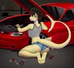  absurd_res anthro car clothing female fish garage green_eyes hi_res legwear marine pewas shark shirt smile solo stockings teeth topwear undershirt vehicle 