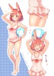  1girl :3 :d animal_ears ass ball bare_arms bare_legs bare_shoulders barefoot beachball blush breasts bunny_ears calm_mashiro cleavage closed_eyes full_body hand_on_forehead hound_(sekaiju) medium_breasts multiple_views one-piece_swimsuit open_mouth polka_dot polka_dot_swimsuit red_swimsuit sekaiju_no_meikyuu sekaiju_no_meikyuu_5 short_hair smile standing swimsuit translation_request white_background white_swimsuit 