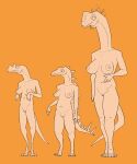  2024 3_fingers 3_toes 4_fingers 4_toes anthro biped breasts claws digital_media_(artwork) digitigrade dinosaur extinct feet female fingers genitals group half-closed_eyes hi_res long_neck narrowed_eyes nipples orange_background prehistoric_species pussy reptile scalie simple_background size_difference standing tail toe_claws toes zagz 