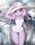  1girl animal_ears animal_nose artist_name breasts closed_mouth clothing_request collarbone commentary english_commentary espeon forehead_jewel forked_tail gen_2_pokemon hand_on_headwear long_hair looking_at_viewer looking_up medium_breasts original partially_submerged patreon_username pokemon purple_fur purple_hair purple_sclera rilex_lenov sitting solo tail tamaki_(rilex_lenov) water white_eyes white_headwear 