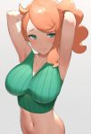  1girl ahoge aqua_eyes armpits arms_behind_head arms_up bangs bare_arms bare_shoulders blush bottomless breasts cleavage closed_mouth groin highres impossible_clothes large_breasts looking_at_viewer navel nnoelllll one_side_up orange_hair out-of-frame_censoring pokemon pokemon_(game) pokemon_swsh simple_background smile solo sonia_(pokemon) stomach sweater_vest swept_bangs upper_body white_background 