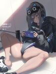  1girl :/ arms_note black_hair black_one-piece_swimsuit blue_hair breasts brown_eyes closed_mouth colored_inner_hair commentary_request competition_swimsuit dark-skinned_female dark_skin english_text eyes_visible_through_hair foot_out_of_frame fukai_ryosuke hair_over_one_eye handheld_game_console head_tilt headphones highleg highleg_swimsuit highres holding holding_handheld_game_console hooded_shrug light_blush long_sleeves medium_hair multicolored_hair one-piece_swimsuit playing_games puffy_long_sleeves puffy_sleeves reclining shade shadow shoes shrug_(clothing) sidelocks sleep_mask sleeves_past_wrists small_breasts sneakers solo spread_legs swimsuit two-tone_hair white_footwear 