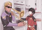  2boys black_hair black_uniform blonde_hair cabinet dark-skinned_male dark_skin dearka_elsman gundam gundam_seed gundam_seed_destiny haro highres indoors instrument jacket kitchen long_sleeves male_focus meme microwave military military_uniform multiple_boys music oven playing_instrument purple_uniform red_eyes red_uniform shinn_asuka short_hair sunglasses sunnymel_g trombone uniform when_mama_isn&#039;t_home_(meme) zaft_uniform 