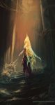  alternate_universe barefoot blonde_hair bloodborne crown dress fungus gears2gnomes highres long_hair mario_(series) parody pointing princess_peach silk spider_web stairs standing toad torn_clothes torn_dress very_long_hair 