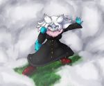  abomasnow absurd_res alternate_color anthro avalanche blue_body boots breasts clothed clothing coat digital_media_(artwork) elemental_creature female fighting_pose flora_fauna footwear grass hair hi_res nintendo plant pok&eacute;mon pok&eacute;mon_(species) pok&eacute;morph pose purple_eyes shiny_pok&eacute;mon simple_background snow solo standing topwear video_games white_background white_body white_hair yoshimister 