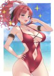  1girl akino_(princess_connect!) bangs bare_shoulders blush breasts cleavage collarbone highres large_breasts long_hair looking_at_viewer open_mouth parted_bangs princess_connect! princess_connect!_re:dive purple_eyes red_hair red_swimsuit rokuichinpo smile swimsuit thighs 