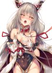  1girl animal_ears bangs bare_shoulders blush breasts chest_jewel cleavage covered_navel detached_sleeves facial_mark highleg highleg_leotard hinot leotard long_hair low_twintails nia_(blade)_(xenoblade) nia_(xenoblade) one_breast_out open_mouth silver_hair small_breasts twintails very_long_hair xenoblade_chronicles_(series) xenoblade_chronicles_2 yellow_eyes 