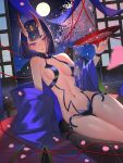  1girl absurdres alcohol bare_shoulders breasts collarbone cup eyeliner fate/grand_order fate_(series) headpiece highres horns japanese_clothes kimono light_(nightty45) long_sleeves looking_at_viewer makeup medium_breasts navel off_shoulder oni purple_eyes purple_hair purple_kimono revealing_clothes sakazuki sake short_hair shuten_douji_(fate) skin-covered_horns smile solo thighs wide_sleeves 
