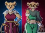  2019 5_fingers anthro black_nose blue_eyes bottomwear bracelet breasts cleavage clothed clothing collar curvaceous curvy_figure curvy_hips disney duo felid female fingers fur hand_on_hip jewelry lion looking_at_viewer mammal midriff midriff_top nala navel notched_ear pantherine pants red_eyes red_nose shoulder_pads signature sketchybug tan_body tan_fur text the_lion_king tuft url voluptuous wide_hips yellow_sclera zira 