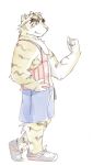  2008 anthro bottomwear clothing felid humanoid_hands kemono kotori male mammal morenatsu pantherine shirt shorts simple_background solo tiger topwear torahiko_(morenatsu) video_games visual_novel white_background 