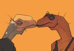  2024 anthro breasts cleavage clothed clothing digital_media_(artwork) dinosaur duo extinct eyes_closed hi_res kissing orange_background prehistoric_species reptile scalie side_view simple_background topwear zagz 