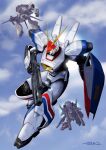  1980s_(style) aircraft assault_visor cannon cloud d-1 d-2 d-3 flying gun holding holding_gun holding_weapon kikou_senki_dragonar looking_ahead machinery mecha military_vehicle monochrome nakamura_jun'ichi no_humans retro_artstyle rifle robot science_fiction shield weapon wings yellow_eyes 