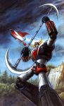  clenched_hands grendizer holding holding_weapon horns looking_at_viewer mazinger_(series) mecha mecha_focus nakamura_jun'ichi no_humans retro_artstyle robot science_fiction spazer super_robot ufo ufo_robo_grendizer weapon yellow_eyes 