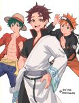  3boys bandana boku_no_hero_academia brown_eyes cosplay crossover facial_scar gintama green_eyes green_hair grin haikyuu!! highres hinata_shouyou jacket japanese_clothes kamado_tanjirou kimetsu_no_yaiba kimono male_focus midoriya_izuku monkey_d_luffy monkey_d_luffy_(cosplay) multiple_boys multiple_crossover naruto_(series) one_piece open_mouth orange_hair pants red_jacket ruttika_shin sakata_gintoki sakata_gintoki_(cosplay) scar shorts smile twitter_username uzumaki_naruto uzumaki_naruto_(cosplay) wide_sleeves 