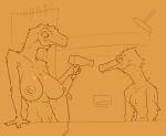  2024 3_fingers anthro barely_visible_genitalia barely_visible_pussy bathroom breasts detailed_background digital_media_(artwork) dinosaur dryer duo extinct female fingers genitals hair_dryer hi_res inside male monochrome nipples orange_monochrome prehistoric_species pussy reptile scalie shower shower_curtain standing zagz 