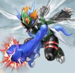  armor bat_wings black_carapace blue_horns breastplate carapace claws collar compound_eyes crushing digimon digimon_(creature) dinobeemon explosion extra_arms fewer_digits flying green_armor green_carapace green_helmet green_mask helmet highres horns insect_wings level-00 muscular orange_hair pile_bunker short_hair spiked_collar spikes sprite stinger tail veins veiny_arms wings 